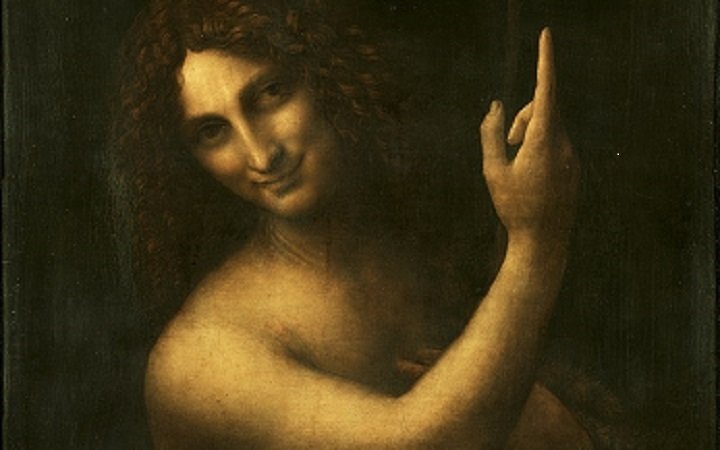 Leonardo da Vinci: Johannes der Täufer mit deutendem Zeigefinger, Fellgewand und Kreuzstab, 1513–1516 (Louvre)