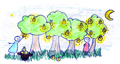 Zeichnung eines Birnenhains mit reichlich tragenden Bäumen und glücklichen Menschen