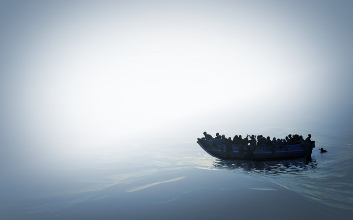 Illustration of a refugee boat on the sea in bright misty color and mysterious atmosphere.Hopeless people.