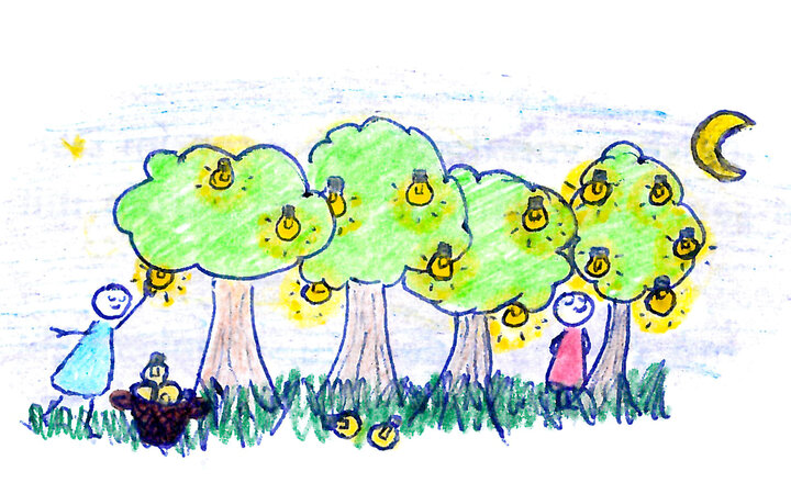 Zeichnung eines Birnenhains mit reichlich tragenden Bäumen und glücklichen Menschen