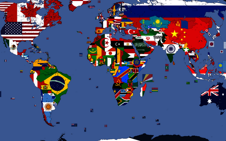 Ausschnitt einer Weltkarte mit Flaggen der UN-Mitgliedsstaaten