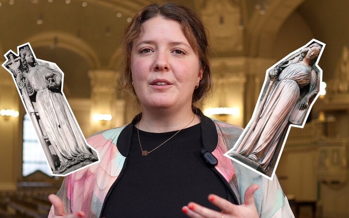 Screenshot mit Projektleiterin Kristina Herbst und eingeblendeten Heiligenfiguren