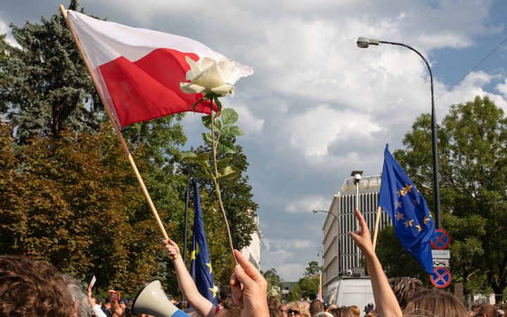 Warszawa / Poland - 07.20.2018: Protest against violation the constitutional law. Defending the division of powers and the highest court - in front of polish Parliament.