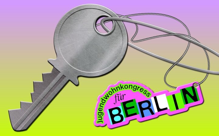 Illustration: Schlüssel mit Sicherheitsnadel und einem Anhänger "Jugendwohnkongress für Berlin"