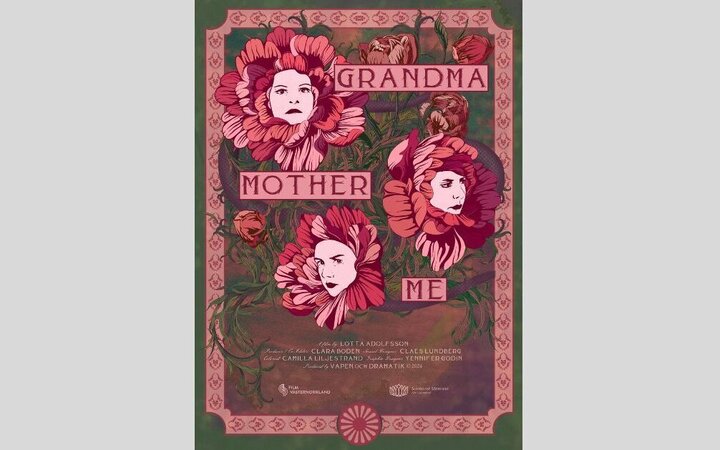 Illustration in Rottönen mit drei Frauengesichtern, die aus großen Blumen herausblicken