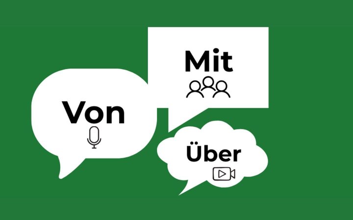 Sprechblasen mit den Wörtern "von", "mit" und "über" sowie verschiedenen Piktogrammen