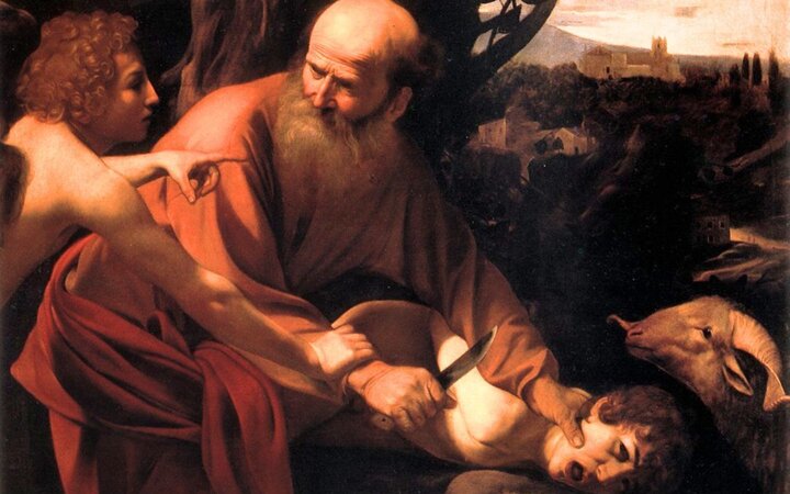 Barockes Ölgemälde: Ein Engel greift einem weißbärtigen Mann in den Arm, der ein Messer an die Kehle eines Jünglings legt