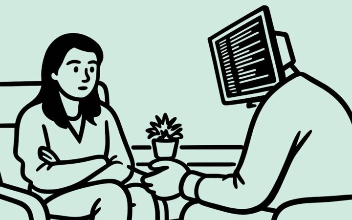 Zeichnung einer bedrückt schauende Frau im Gespräch mit einem Mann, der an Stelle des Kopfes einen Computerbildschirm trägt