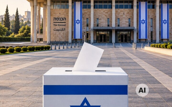 KI-generiertes Bild einer stilisierten Wahlurne vor dem Gebäude der Knesset mit schlanken Säulen vor dem Eingang