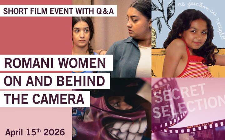 Collage mit Filmstills und dem TItel: Romani women on and behind the camera