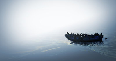 Illustration of a refugee boat on the sea in bright misty color and mysterious atmosphere.Hopeless people.