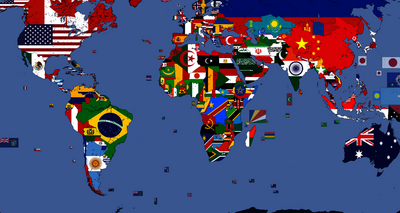 Ausschnitt einer Weltkarte mit Flaggen der UN-Mitgliedsstaaten