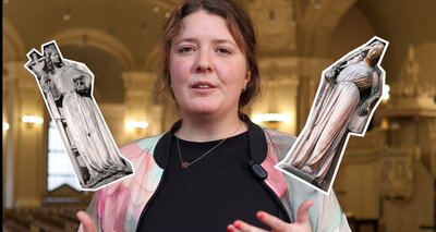 Screenshot mit Projektleiterin Kristina Herbst und eingeblendeten Heiligenfiguren