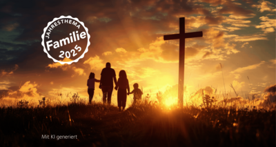 KI-generiertes Bild einer vierköpfigen Kernfamilie vor einem großen Kreuz im Sonnenuntergang