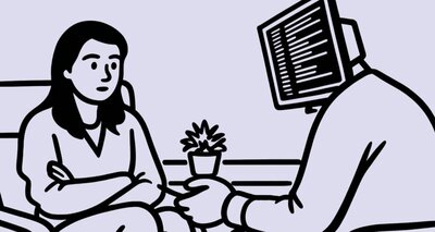 Zeichnung einer bedrückt schauende Frau im Gespräch mit einem Mann, der an Stelle des Kopfes einen Computerbildschirm trägt