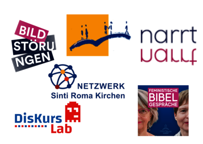 Logos mehrerer Projekte der Akademie Bildstörungen Europäische Bibeldialoge narrt DiskursLab Netzwerk Sinti Roma Kirchen Feministische Bibelgespräche