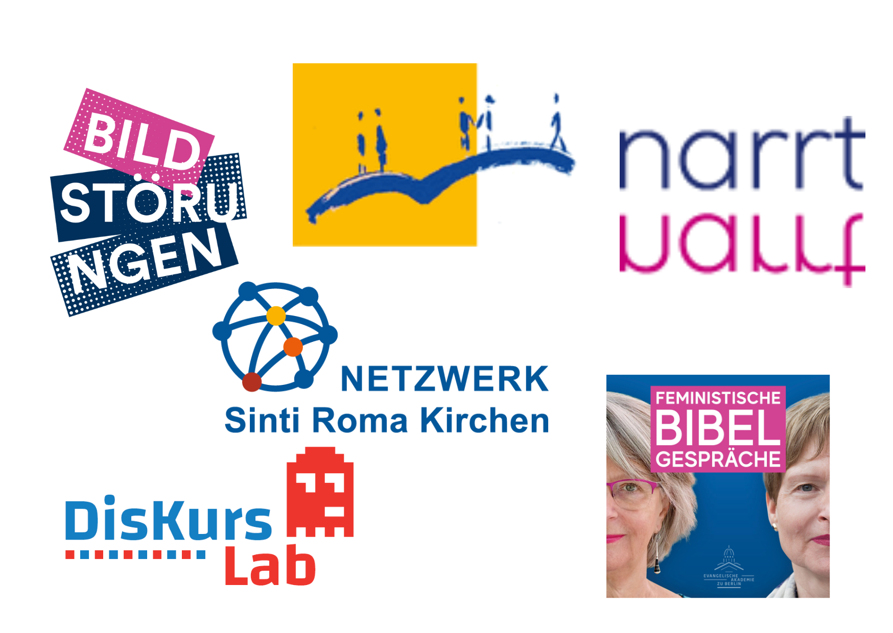 Logos mehrerer Projekte der Akademie Bildstörungen Europäische Bibeldialoge narrt DiskursLab Netzwerk Sinti Roma Kirchen Feministische Bibelgespräche
